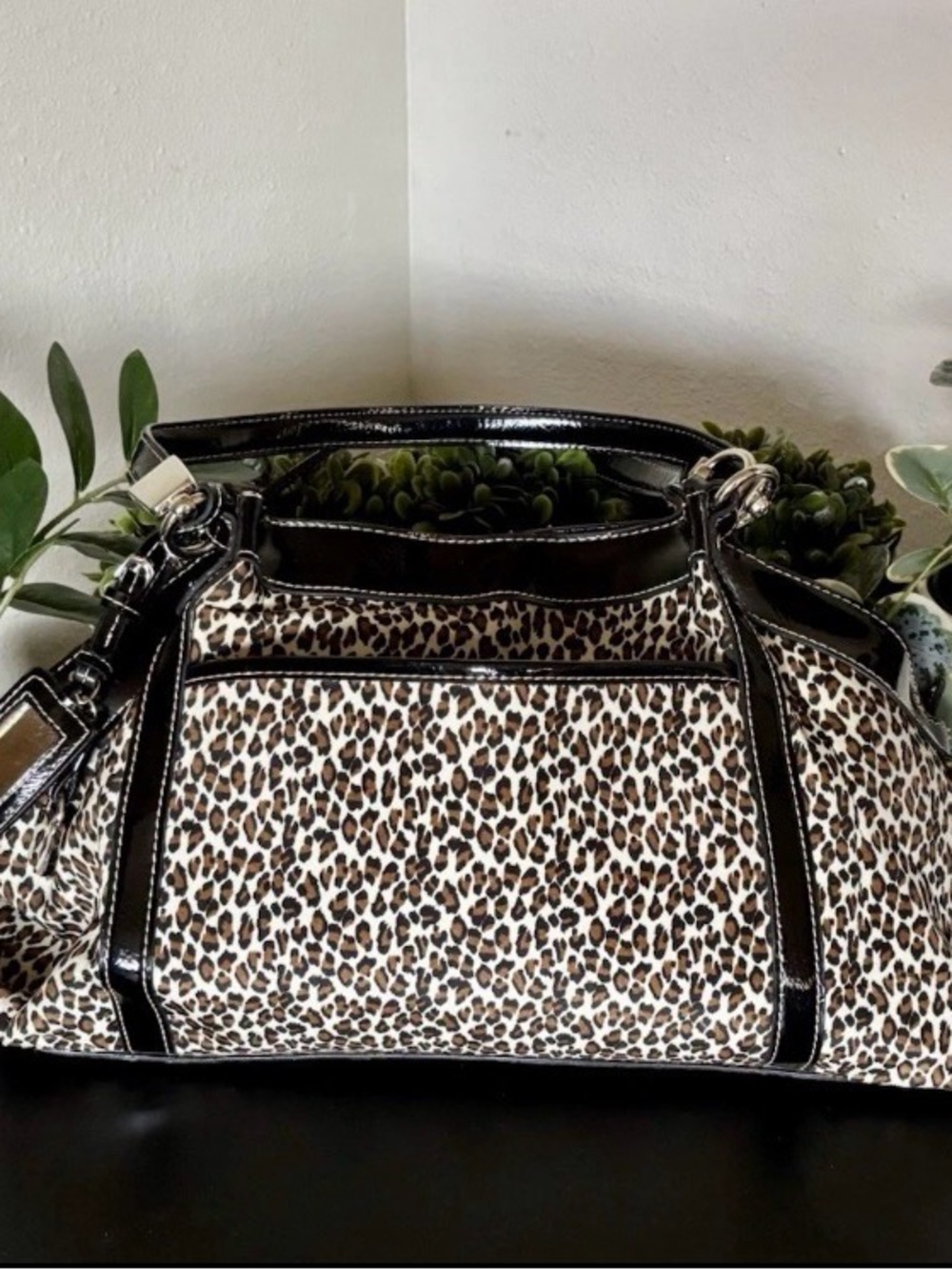 Leopard Print Patent Trim Satchel - Black & Brown - Picture 2 of 7
